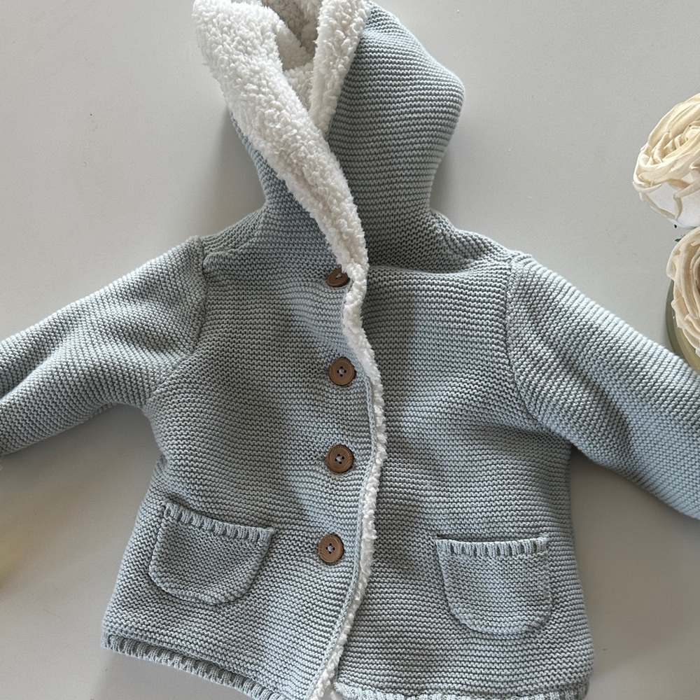 Carter's Light Gray Knit Hooded Jacket with Cream Sherpa Lining- never used!